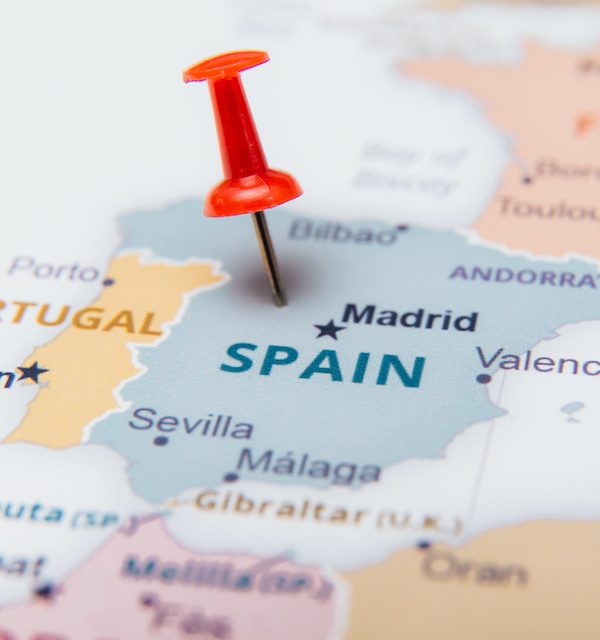 Map,Of,Spain,With,A,Red,Pushpin. Map of Spain with a red pushpin.